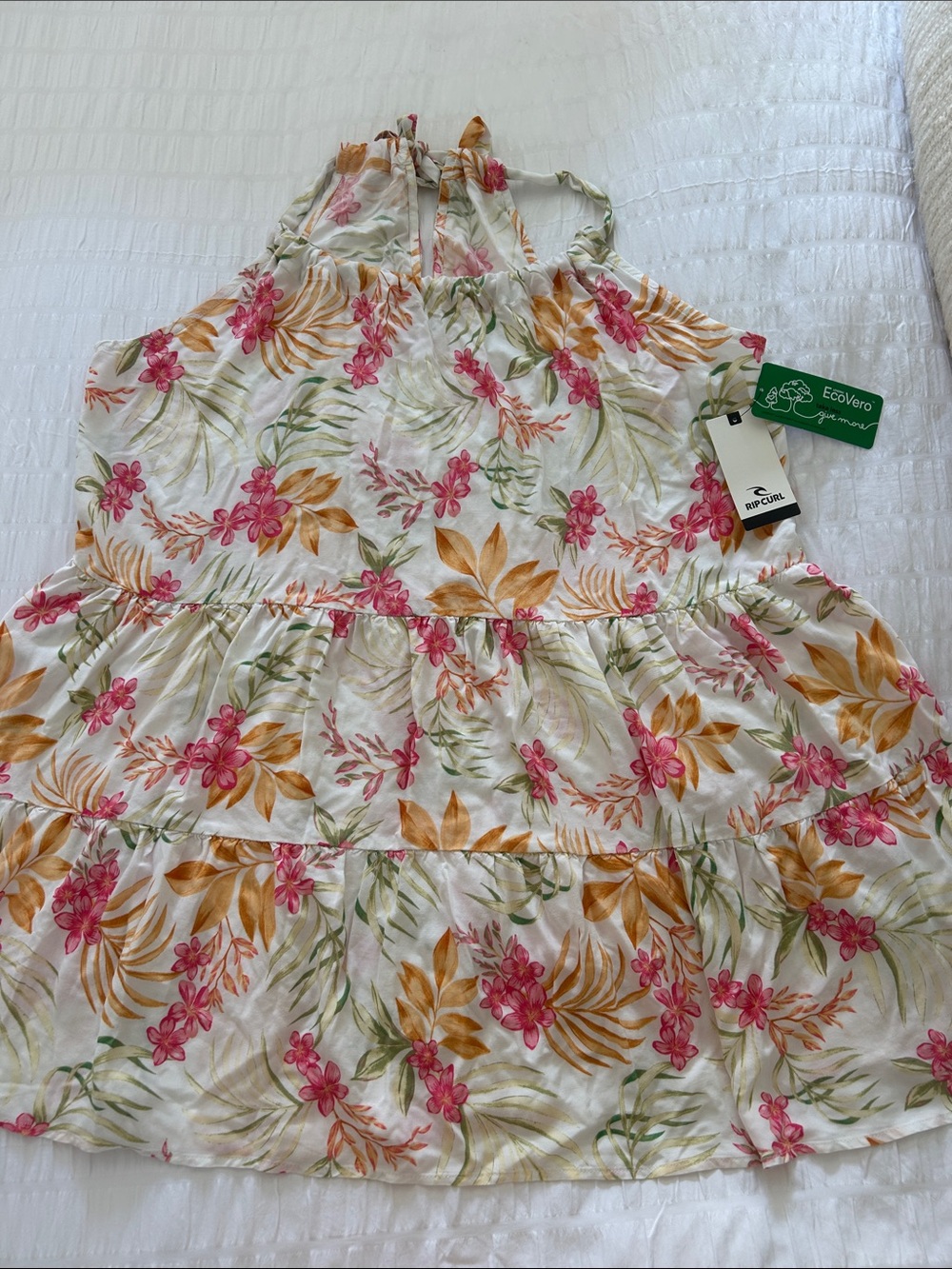 Rip curl  White Floral Halter Tiered Dress with Pink & Gold Blooms